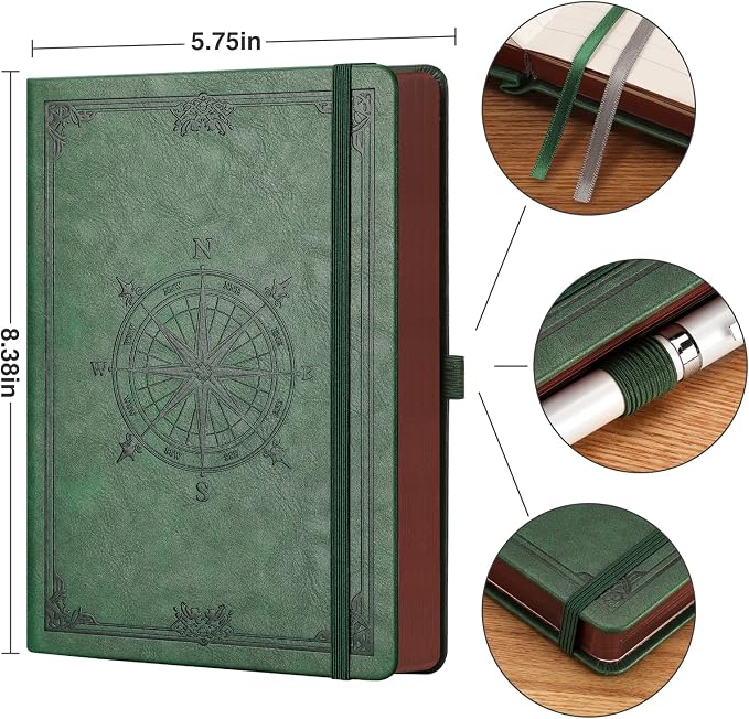 AHGXG Thick Blank Notebook, 320 Numbered Pages, A5 (5.75'' X 8.38'') | 100GSM Plain Paper, Vintage Leather Hardcover, for Men Women Work Office School (Dark green)
