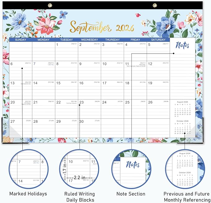 Desk Calendar 2026-2027 - 18 Monthly Desk/Wall Calendar, Jul. 2026 - Dec. 2027, 17" x 12", Thick Paper with Corner Protectors, Large Ruled Blocks - Floral