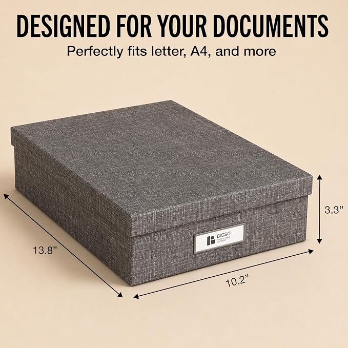 Bigso Oskar Canvas Fiberboard Document Letter Box for Important Paperwork A4 or Letter Size - Durable Keepsake Box with Lid and Metal Label Holder - 3.3in x 10.2in x 13.8in - Melange Grey