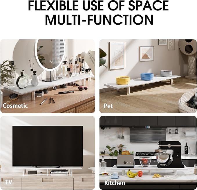 Fenge 39.4” Dual Monitor Stand with Height Adjustable Legs, White | Wooden & Steel, Ergonomic Height 3.6" to 4.4", Underneath Storage, Holds up to 99lbs, Laptop Monitor Stand for Home Office