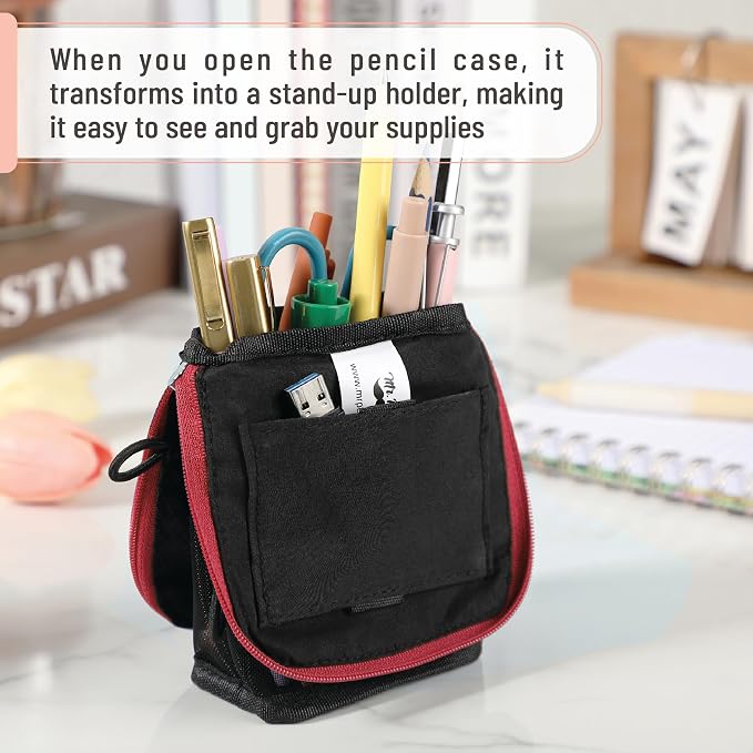 Mr. Pen- Standing Pencil Case Pouch, Sit & Lay Mesh-View Design | Black with Red Zipper, Interior Pocket & 2 Elastic Binder Loops, Cute Pencil Case for Girls and Boys