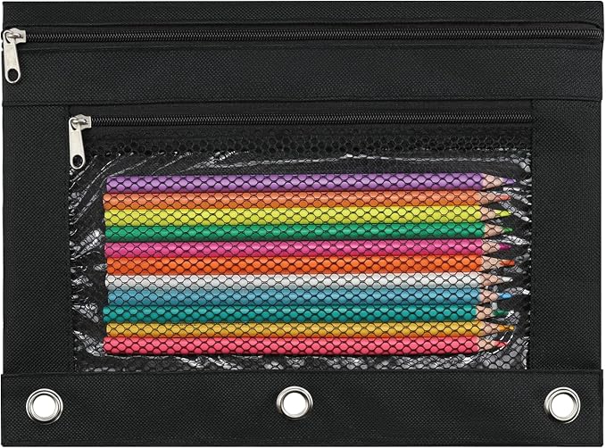Pencil Pouch for 3 Ring Binder, Pencil Case Bag with Zipper, 600D Fabric Pencil Pouch Holder Accessories, Clear Window Pencil Case Aesthetic Back to School Organizer Pockets for Boy Girl (Black)