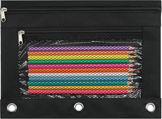 Pencil Pouch for 3 Ring Binder, Pencil Case Bag with Zipper, 600D Fabric Pencil Pouch Holder Accessories, Clear Window Pencil Case Aesthetic Back to School Organizer Pockets for Boy Girl (Black)