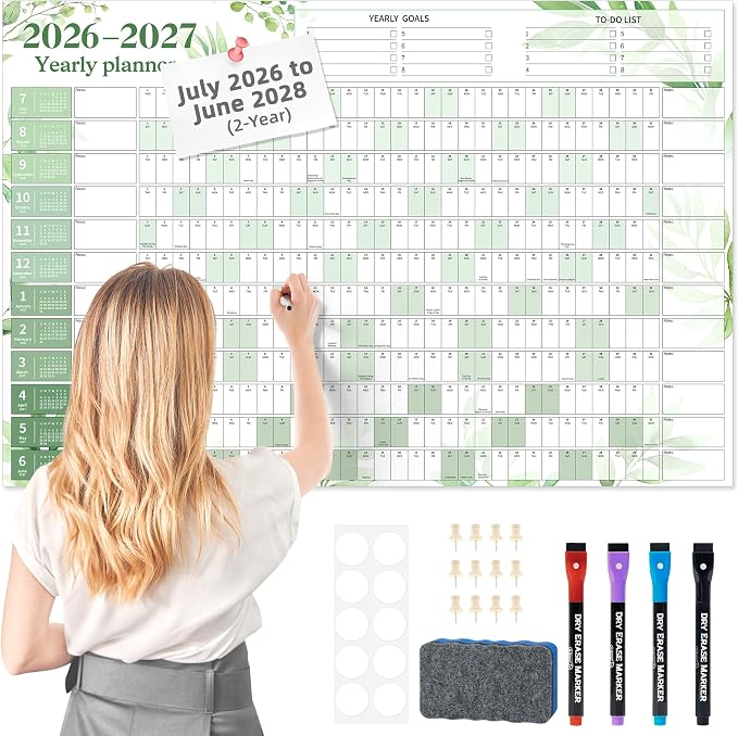Ospelelf Large Dry Erase Calendar for Wall 2026-2027, 32'' x 48'' Big Yearly Laminated Family Calendar, 2 Year Calendar, Use July 2026 - June 2028 (Green Plant)