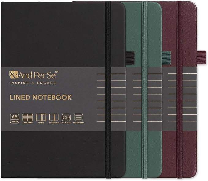 &And Per Se Lined Notebooks 3-Pack Gift Set, A5 Hardcover Journals, 160 Pages 100gsm Thick Paper, 3 Assorted Colors (Black, Green, Dark Red)