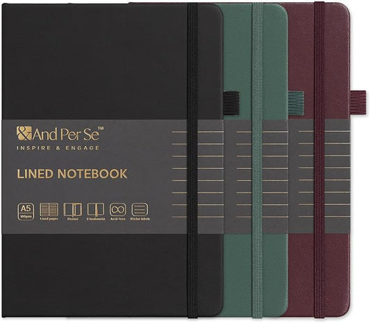 &And Per Se Lined Notebooks 3-Pack Gift Set, A5 Hardcover Journals, 160 Pages 100gsm Thick Paper, 3 Assorted Colors (Black, Green, Dark Red)