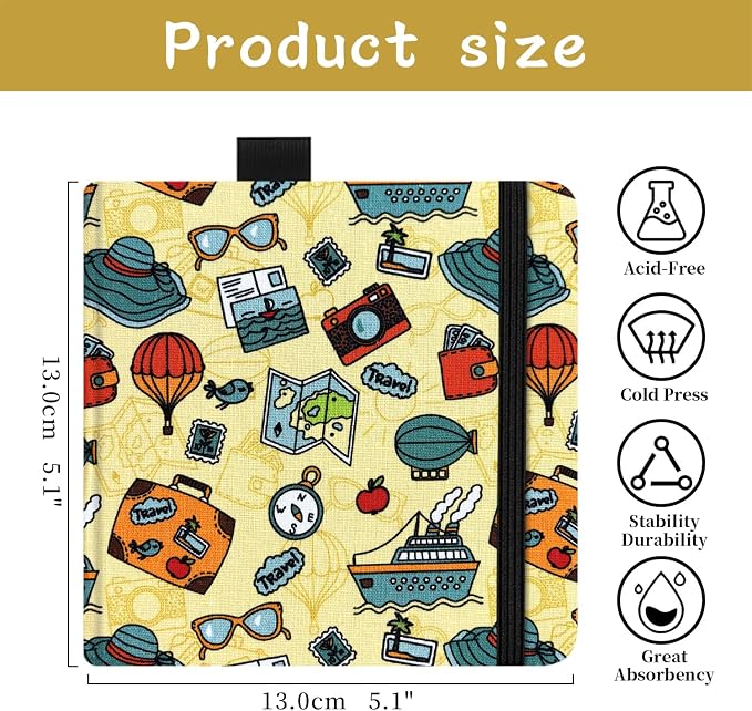 5x5 Handy Portable Handmade Cloth Fabric Hardcover Sewing Binding Travel Watercolor Paper 140LB/300gsm 20Sheets/40Pages Journal Mixed Media Pad Sketchbook. Travel