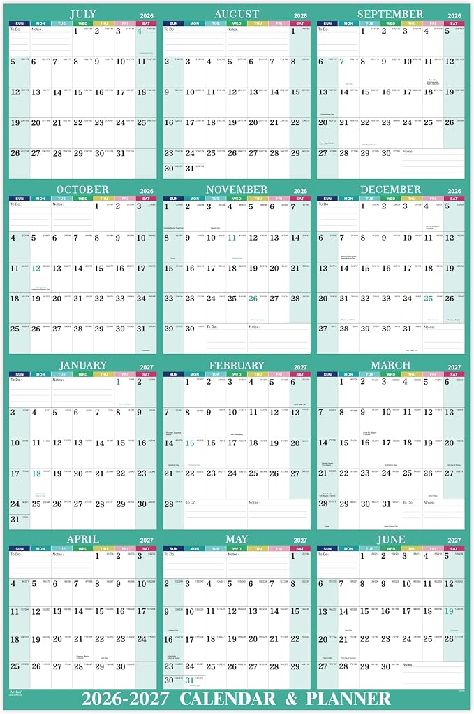 Yearly Wall Calendar 2026-2027 - 2026-2027 Calendar, July 2026 - June 2027 | Yearly Wall Calendar 26-27, 34.8"""" x 22.8"""" (Open), 26-27 Calendars Vertical, One Page for Organizing - Colorful Lump