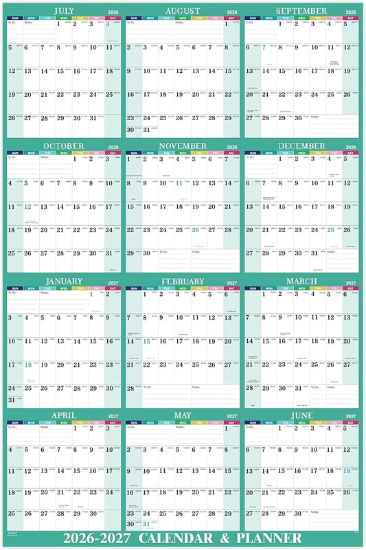 Yearly Wall Calendar 2026-2027 - 2026-2027 Calendar, July 2026 - June 2027 | Yearly Wall Calendar 26-27, 34.8"""" x 22.8"""" (Open), 26-27 Calendars Vertical, One Page for Organizing - Colorful Lump