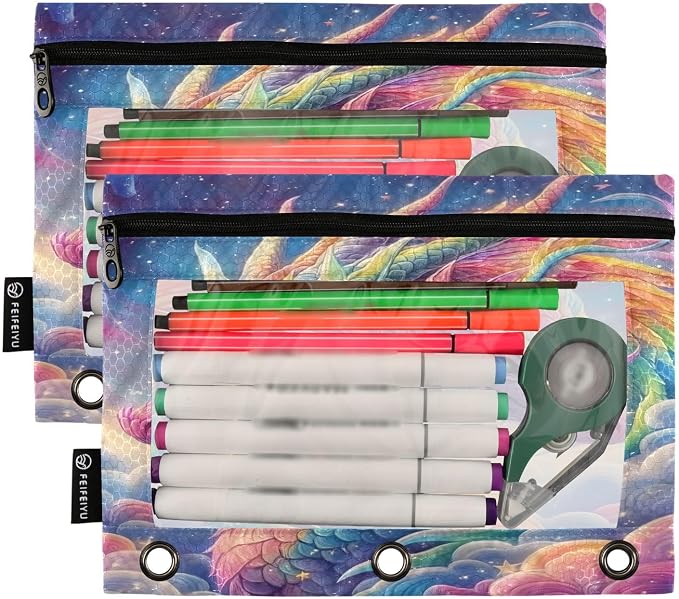 ALAZA Pencil Pouch for 3 Ring Binder, Rainbow Dragon Cloud Binder Pencil Pouches with Clear Window Zipper Pencil Case Cosmetic Bags for Office College Supplies, 2PCS