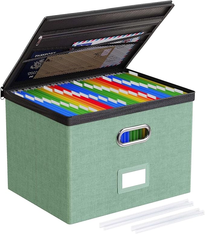 Oterri File Box Large 1-Pack Hanging Organizer for Letter/Legal-Size Folder | Dustproof Lid. 3 Mesh Pockets. Collapsible Scratch-Resistant GRS Linen. Slide Rails. Office, Home, Dorm