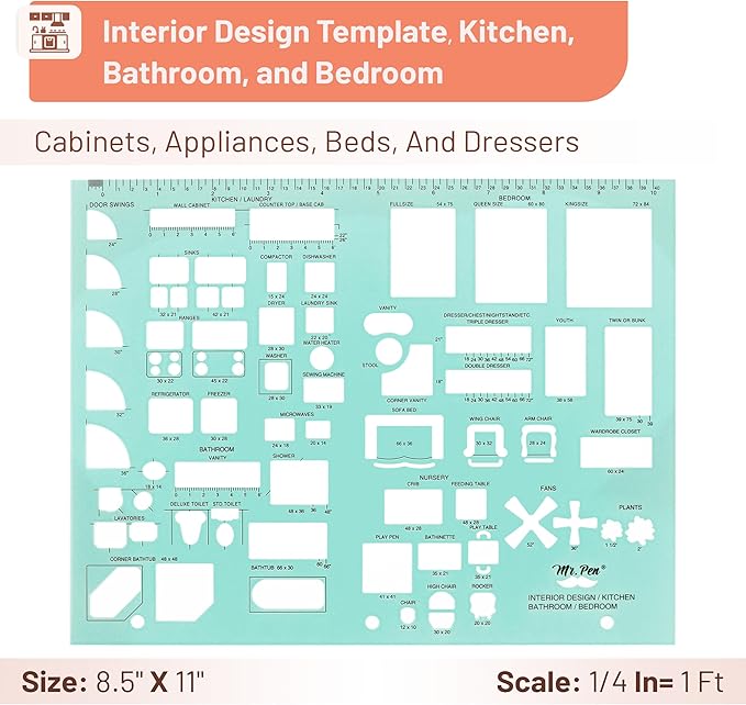 Mr. Pen- House Plan, 3 pcs, Interior Design and Furniture Templates | Clear Flexible Plastic, Drafting Tools, Ruler Shapes for Architecture, 1/4 Inch Scale, Kitchen, Bath, Bedroom, Office