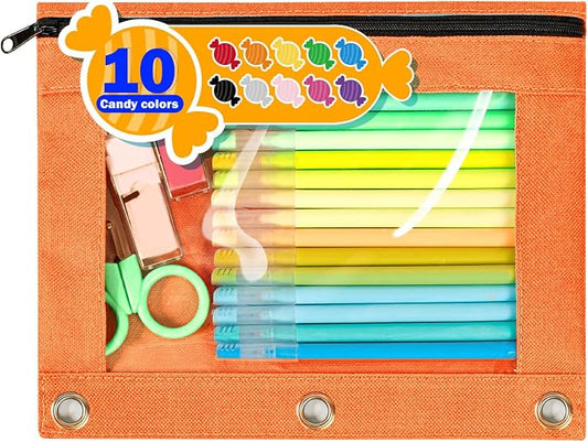 Forvencer Pencil Pouch for 3 Ring Binder, Large Pencil Case Pouch with 3 Reinforced Grommets, Pen Bag, Clear Window Pencil Case, Binder Accessories, Tangerine