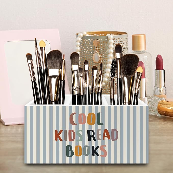 Boho Reading Room Pen Pencil Holder Organizer for Desk, Cool Kids Read Books Bookish Wooden Box Signs Decorations for Kids Reading Room Classroom Desk Tabletop, Book Lover Reader Gifts