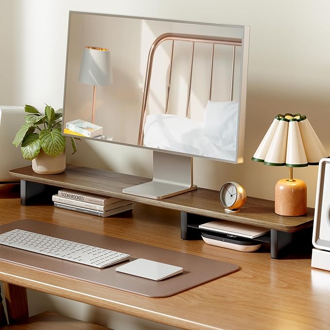 PEGZONE Dual Monitor Riser with Integrated Metal Shelf, Large Walnut Wooden Desk Shelf for 2 Monitors/TV, Monitor Stand Riser for Desk, Wood Monitor Stand Organizer for Home Office，Wide 46"