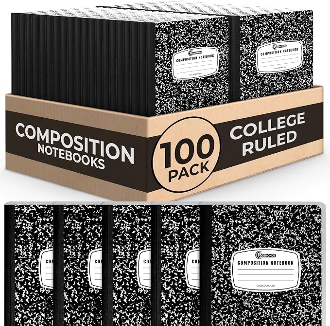 Rosmonde 100 Pack Bulk Composition Notebooks College Ruled, 200 Pages (100 Sheets), 9-3/4 x 7-1/2, Black Marble Hard Cover, Bulk School Supplies, Bulk Notebooks for School, Bulk College Ruled Notebook