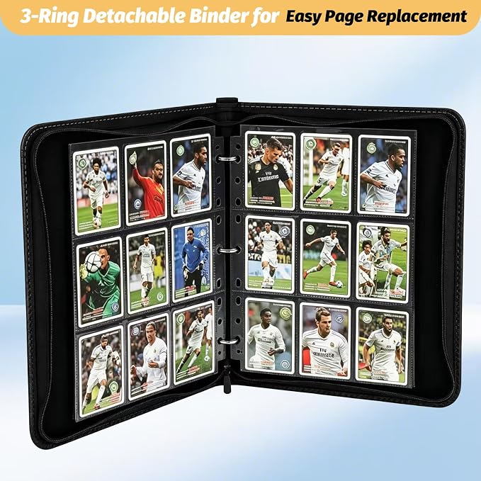 GERMUN 3 Ring 9 Pocket Zipper Card Binder, 720 Double Sided Standard PU Trading Card Album Folder for TCG & Sports Cards, Not Fit Top Loaders (LAKE BLUE)
