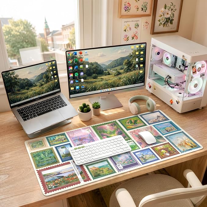 iCasso Vintage Art Desk Protector Mat, XXL Mouse Pad,Desk Matt for Desktop, Anti-Slip Big Mousepad with Stitched Edges for Aesthetic Office Decor(Sage Green)