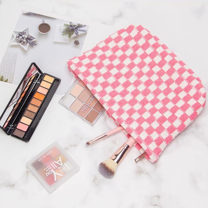PAZIMIIK Checkered Makeup Bag for Purse, Small Flat Cosmetic Pouch,Pink | Cute Zipper Makeup Organizer for Women, Travel Essentials, Toiletries, Makeup Brushes, Beauty Accessories&Bridesmaid Gifts