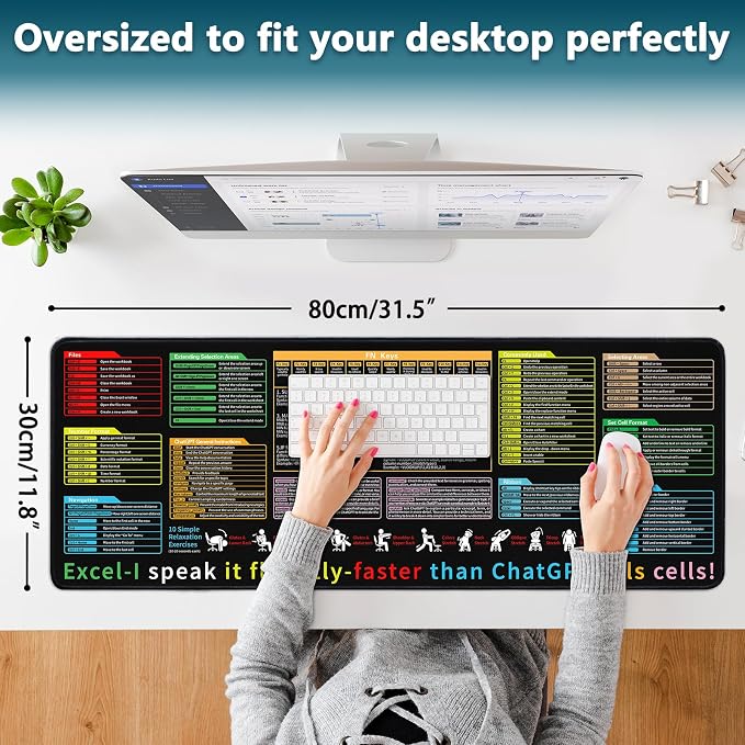 Excel Cheat Sheet Desk Pad - Large Mouse Pad - Excel Cheat Sheet Desk Mat, Non-Slip Base Mousepad Suitable for Office, Computer Games, Desk Mat and More (31.5" x 11.8")