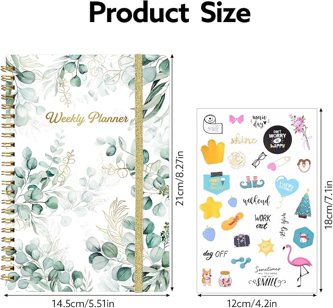 Thboxes A5 Weekly Planner, Undated Spiral To Do Notebook, Green Leaves | Spiral Binding, Stickers, Planners for Home, Work, Office, College, School Supplies for Girls, Kids, Students, Teachers Gifts