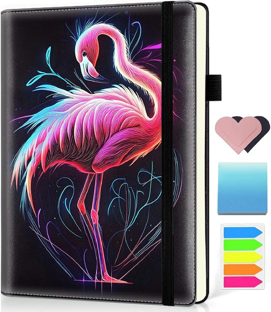 Hardcover Executive Notebooks, A5 PU Leather Lined Journal Notebook, 200 Pages Thick Paper Subject Notebooks for School,Work,Home Writing Business Notebook, Diary Book ，Pink Flamingo