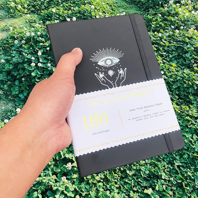 BUKE Dotted Notebook Journal 180GSM Bamboo Thick White Paper 160 Pages 5 * 5MM Dot Grid, Lay Flat Binding,Colored Silver Edges, Bookmarks and Expandable Back Pocket (BKP-9)