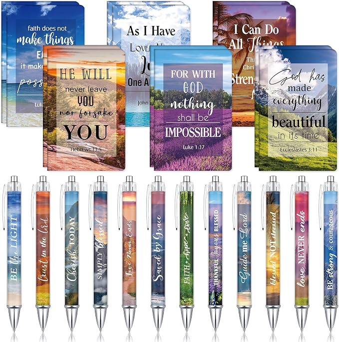 Colarr 12 Sets Christian Bulk Gifts for Women Bible Verse Pens Notebooks Religious VBS Scripture Ballpoint Pens Bookmarks Journal for Easter Sunday School Church Inspirational Supply(Scenery)