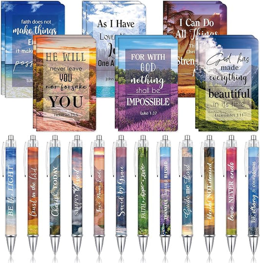 Colarr 12 Sets Christian Bulk Gifts for Women Bible Verse Pens Notebooks Religious VBS Scripture Ballpoint Pens Bookmarks Journal for Easter Sunday School Church Inspirational Supply(Scenery)