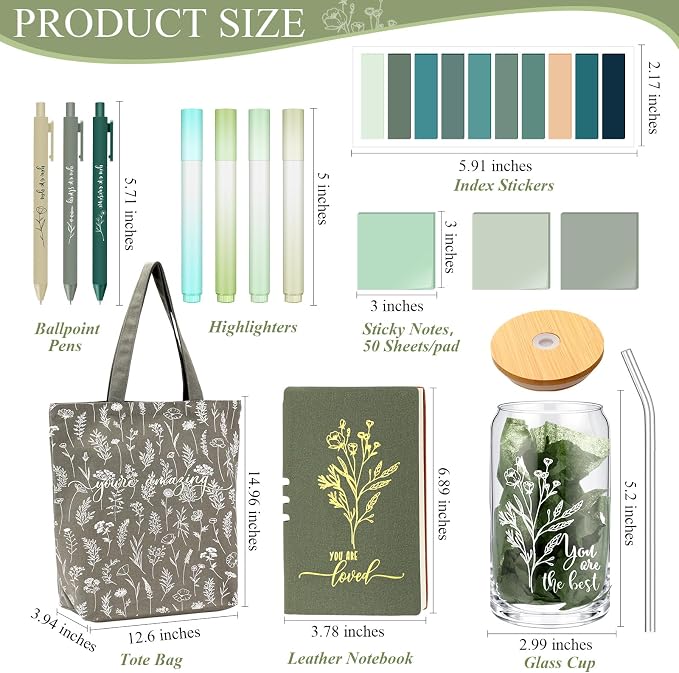 14 Pcs Inspirational Journal Kit for Women Aesthetic A6 Leather Journal Notebook Glass Cup Canvas Tote Bag Motivational Pen Stationery Set for Vbs Sunday School Teacher Back to School(Green)