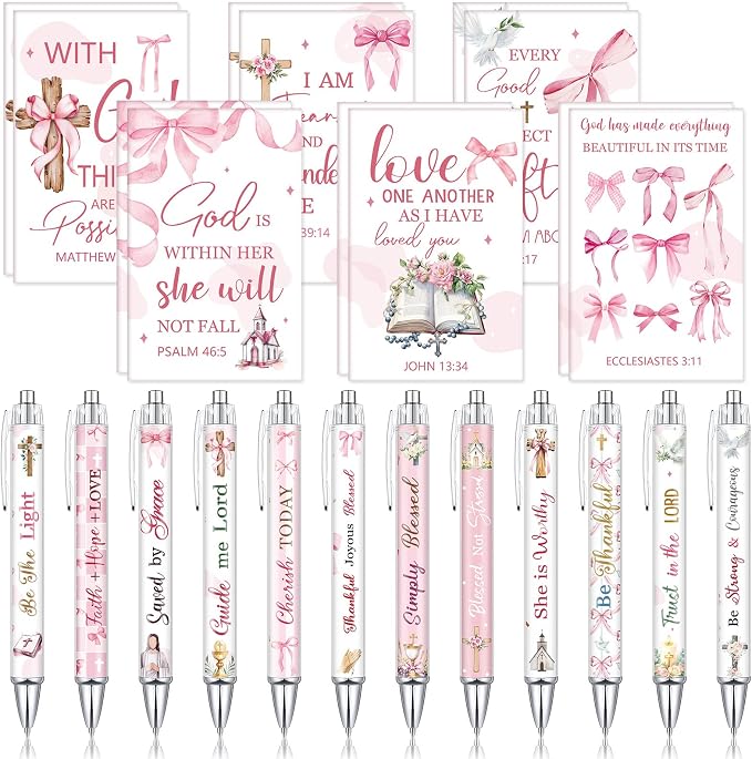 Colarr 12 Sets Christian Bulk Gifts for Women Bible Verse Pens Notebooks Religious VBS Scripture Ballpoint Pens Bookmarks Journal for Easter Sunday School Church Inspirational Supply(Bow)