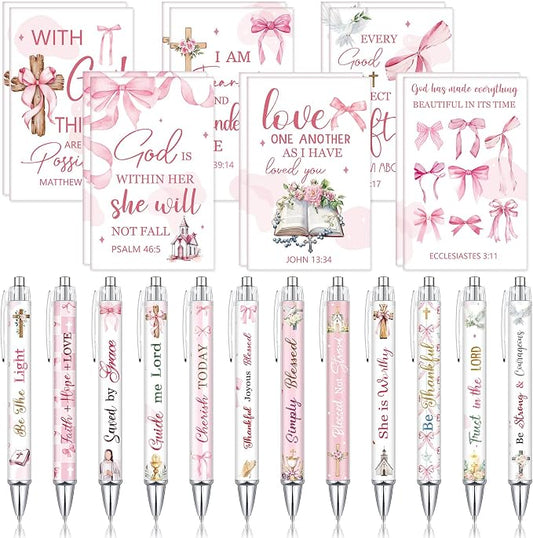 Colarr 12 Sets Christian Bulk Gifts for Women Bible Verse Pens Notebooks Religious VBS Scripture Ballpoint Pens Bookmarks Journal for Easter Sunday School Church Inspirational Supply(Bow)