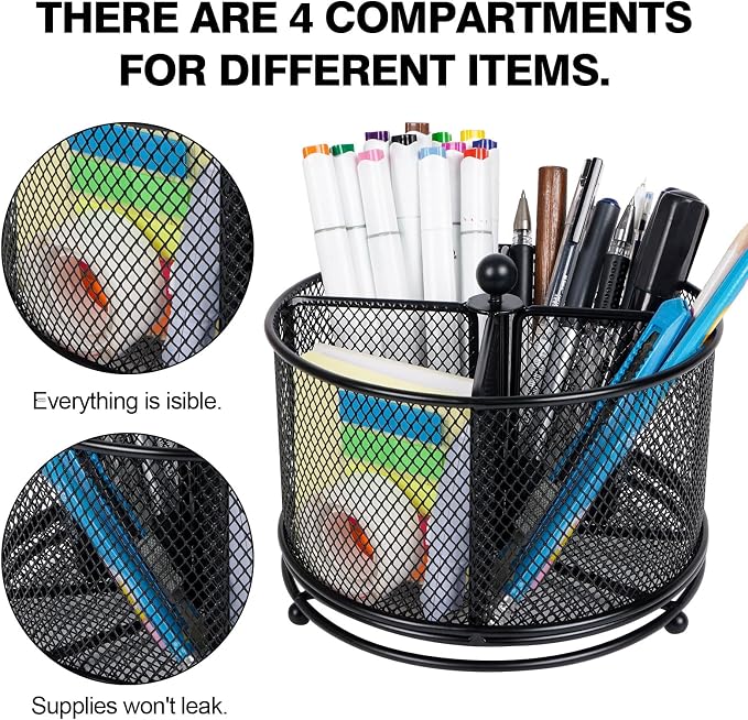 360° Rotating Multifunctional Pen Holder, Cosmetic Organizer, Cutlery Holder for Kitchen, Party Camping Picnic, Dressing Room, Desktop Stationery Storage, 4 Compartments Mesh Large Capacity Storage