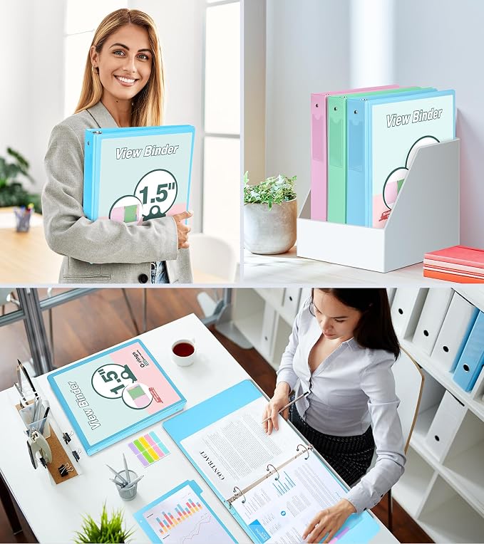 3 Ring Binder 1.5 inch，Cute Binder Organizer with 5 Tab Dividers Fits 175 Sheets of 8.5x11 Paper, Customizable Clear Cover with Inside Pockets, Aesthetic 1.5" Three Ring Binders for School Office，Blue