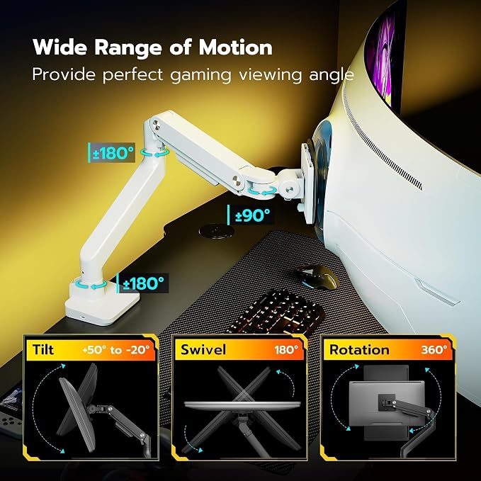 ARES WING Ultrawide Monitor Arm with USB for 17 to 49 Inch Screen, White | Pro Gas Spring, Full Range of Motion, for 75/100 Vesa Mount, for Samsung, LG Curved/Flat Monitor, Easy Install, Hold 44lbs