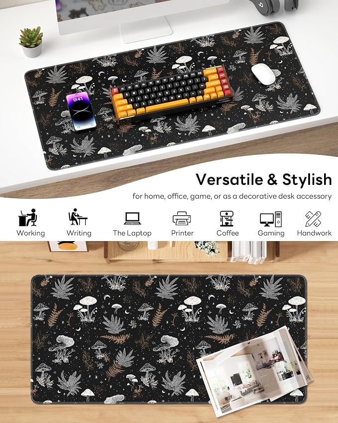 XL Gaming Mouse Pad, 31.5x15.7'' Large Desk Mat with Anti-Slip Rubber Base & Stitched Edges for Gaming, Office, Home, Black Art
