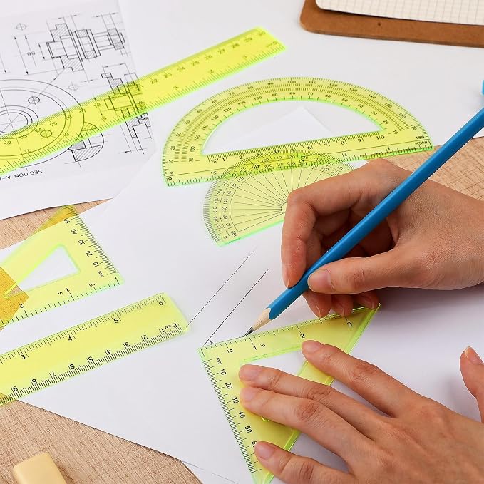 Zonon 7‑Piece Geometry Set with Drawing Compass, 6 & 4 Inch Protractors, Triangle Rulers and Straight Rulers, Transparent Math Drafting Supplies for Back to School, Students and Office Use(Yellow)