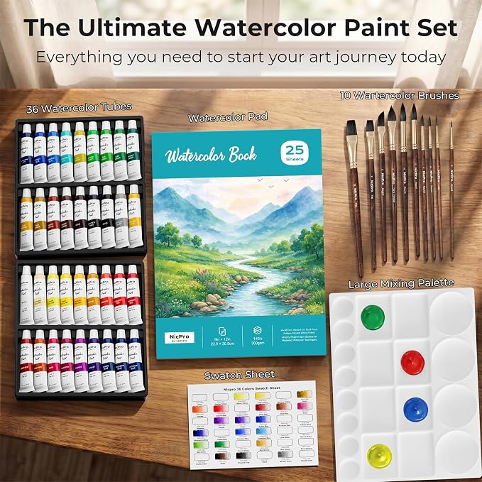 Nicpro Upgraded Watercolor Paint Set for Adults, 36 x 12ml Watercolor Tube, 10 Squirrel Watercolor Brushes, 25-Sheet 9x12 Watercolor Paper Book, 20-Well Palette, Water Color Art Supplies for Artists