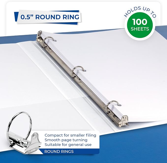 Samsill 0.5 Inch 3 Ring Binder, Economy Round Ring, Clear View Cover, 100 Sheet Capacity - for School, Home, Office - White, 6 Pack