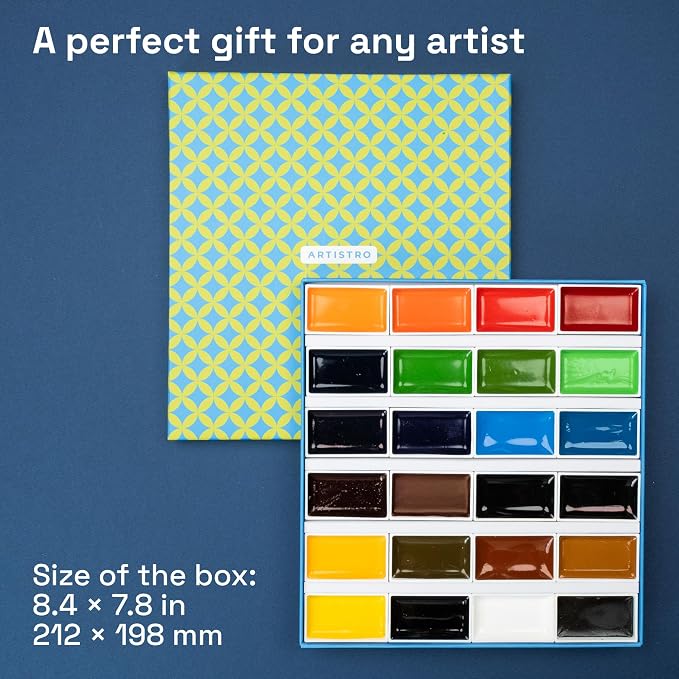 ARTISTRO Professional Watercolor Paint Set for Adults - 24 Pigment-Rich Colors, XL Pans, ASTM-I Lightfastness, High Tinting Strength Watercolor Set for Professionals made by Professionals