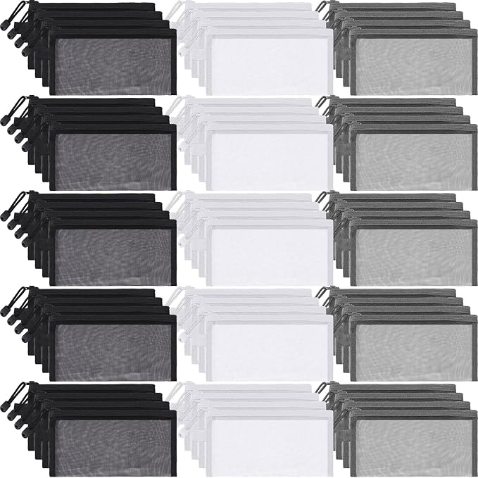 Leelosp 80 Pcs Mesh Zipper Pouch Bulk Mesh Pencil Pouches 10 Color Zipper Bag for Back to Supplies Cosmetic Office Travel Appreciation Gift(Black, Gray, White,9 x 4.7 Inch)