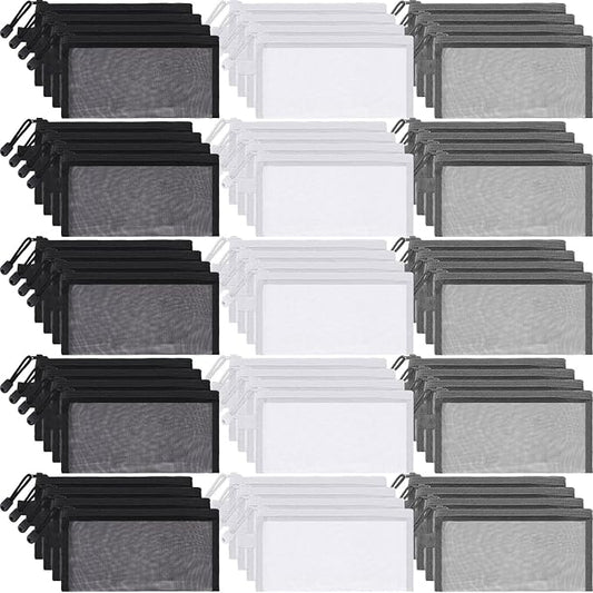 Leelosp 80 Pcs Mesh Zipper Pouch Bulk Mesh Pencil Pouches 10 Color Zipper Bag for Back to Supplies Cosmetic Office Travel Appreciation Gift(Black, Gray, White,9 x 4.7 Inch)