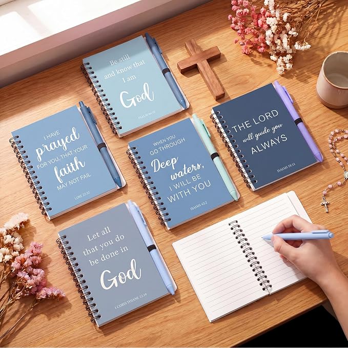 10 Set Christian Gifts Bulk Include Spiral Notebook and Bible Verse Ballpoint Pen Prayer Journal Religious Scripture Notepad for Church Sunday School Men Women Teacher