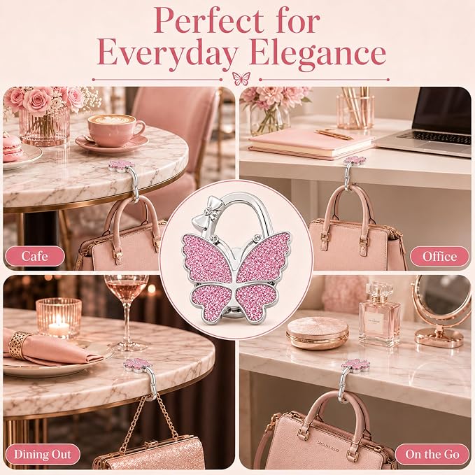 Purse Hook for Table, Foldable Handbag Hanger Holder for Women | Portable Bag Holder with Non-Slip Base, Cute Pink Glitter Butterfly Purse Table Hook for Restaurant Office Travel Gift