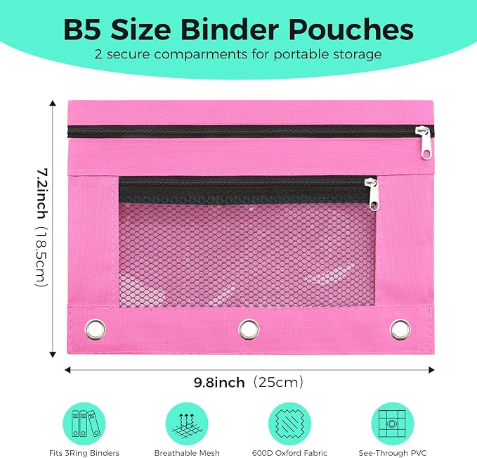 Pencil Pouch for 3 Ring Binder, Pencil Case with Zipper, 600D Fabric Pencil Pouch Bag Holder Accessories, Clear Window Pencil Case Aesthetic Back to School Organizer Pockets for Boy Girl (Pink)
