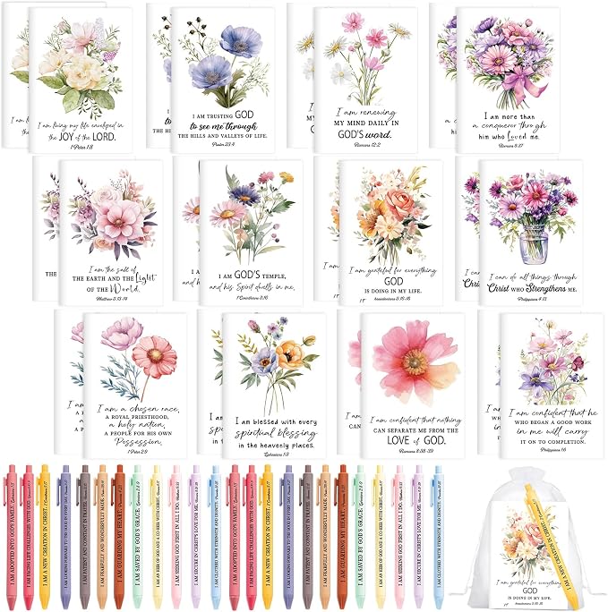 Mooliwe 96 Pcs Positive Affirmation Gift Set Gratitude Notebooks with Pens Small Bags Motivational Encouragement Notepads Daily Affirmations Journal for Women Stress Relief Self Care (Bible)