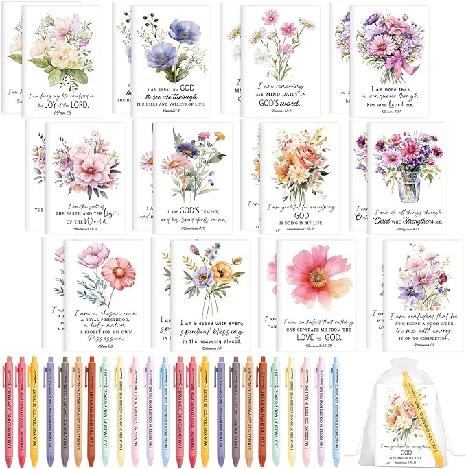 Mooliwe 48 Pcs Positive Affirmation Gift Set Gratitude Notebooks with Pens Small Bags Motivational Encouragement Notepads Daily Affirmations Journal for Women Stress Relief Self Care (Bible)
