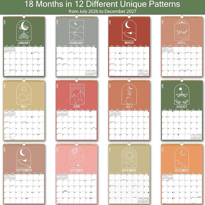 2026-2027 Wall Calendar, 18 Months Moon Calendar from July 2026 - December 2027, Aesthetic Lunar Boho Large Calendar for Home Office Kitchen, Thick Paper for Monthly Organization, Moon Phases, 10"×14.5"