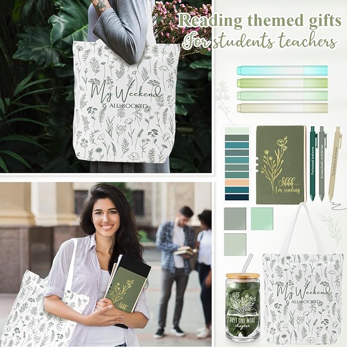 Havawish 14 Pcs Book Lovers Gift for Women 16 oz Glass Cup Tote Bag A6 Journal Notebook Pens Highlighters Sticky Notes Back to School Teacher Librarian Bookish Book Club(Light Green,Aesthetic)