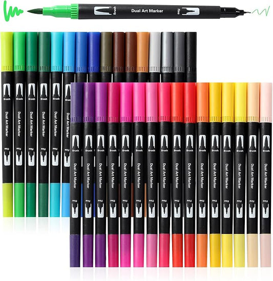 Peablce Art Markers Brush Pen Markers for Adult Coloring 32 Colored Pens | Fine Point Highlighter Pen & Brush Markres for Journaling Note Taking Planner